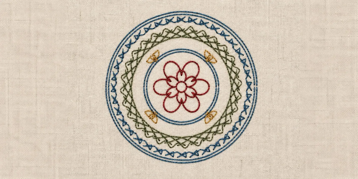 Illustrative four-colour floral embroidery on ivory linen; upload a file for its actual stitch preview