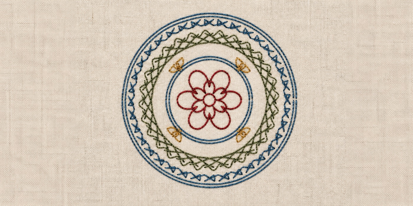 A realistic four-colour floral embroidery sample stitched on warm ivory linen